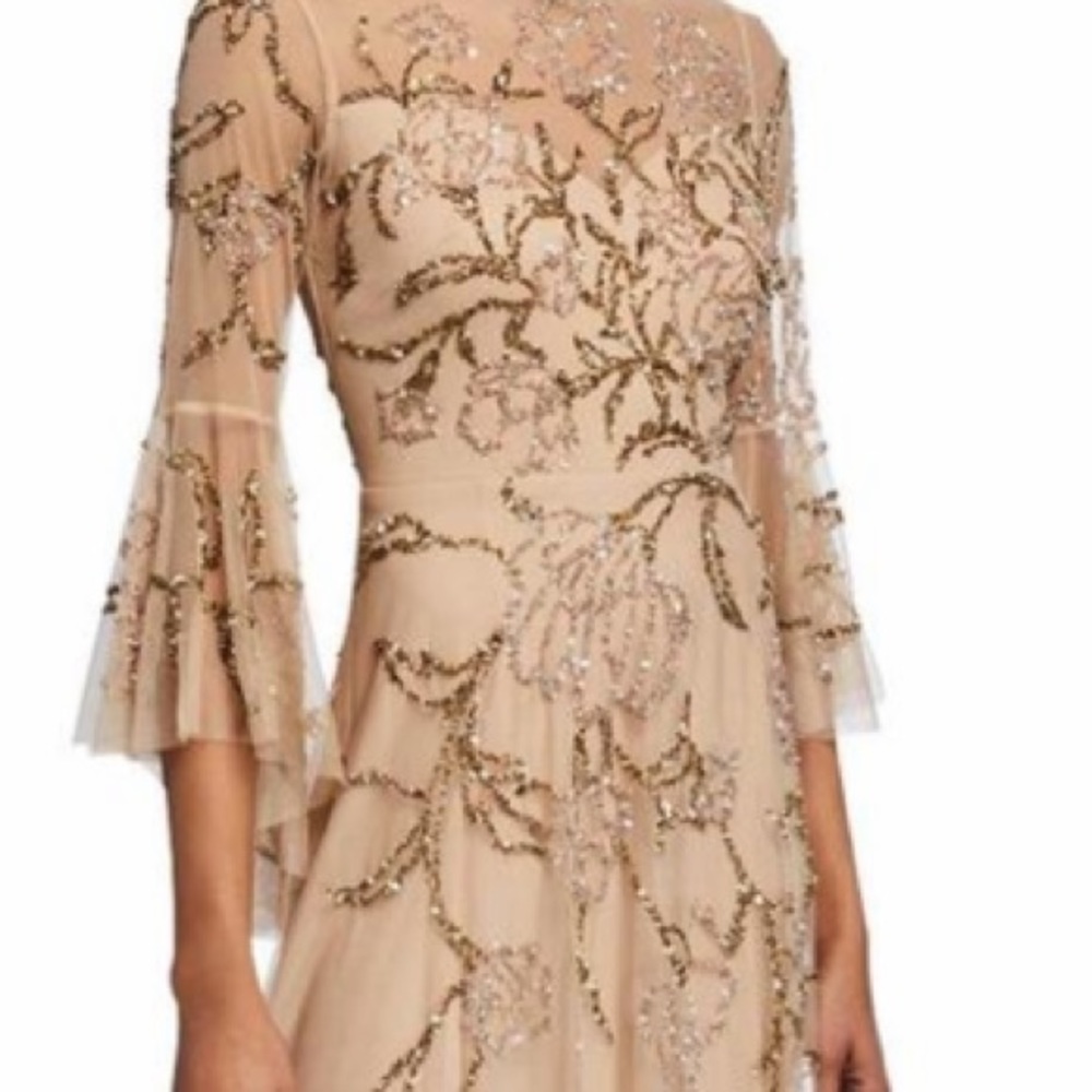 Aidan Mattox beaded gold 3/4 ruffle bell sleeve long gown - Picture 3 of 16